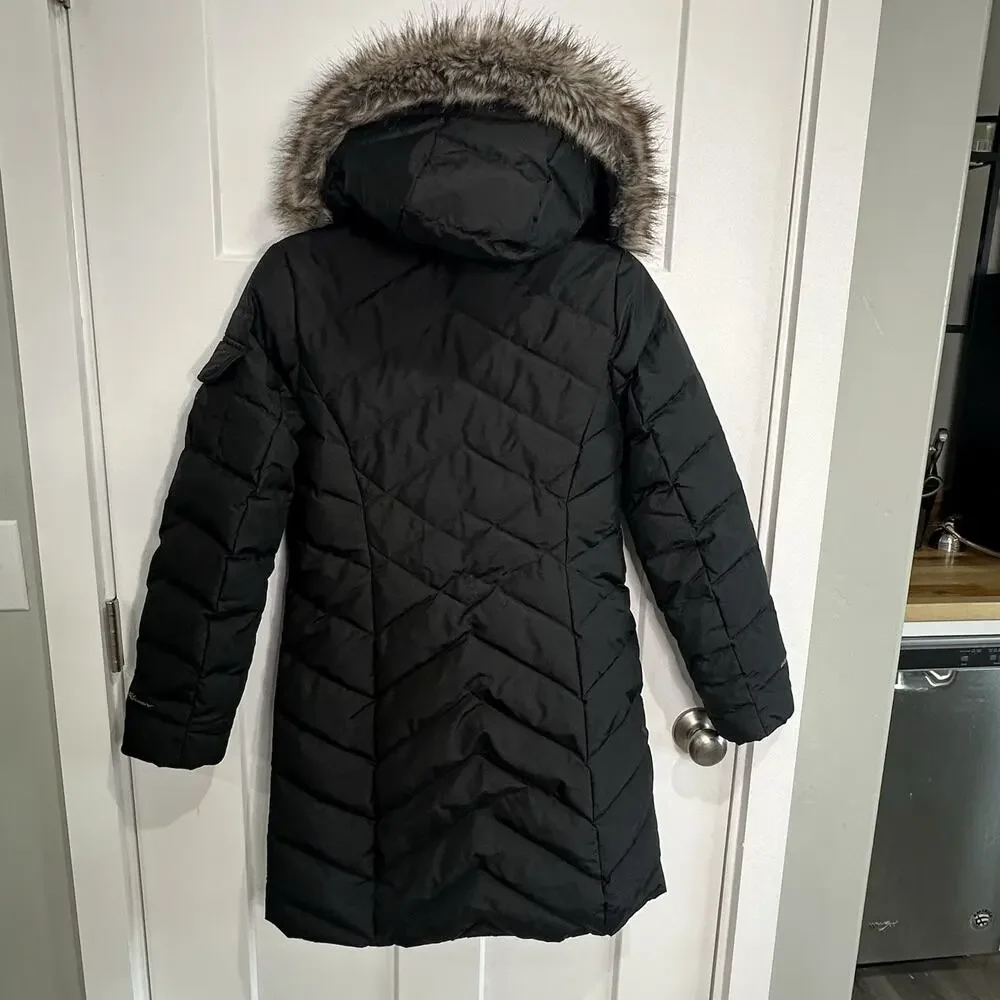 Eddie Bauer Wmn's EB550 Goose Down Puffer Coat Parka Hooded Fur Trim Black Sz S - Picture 2 of 11